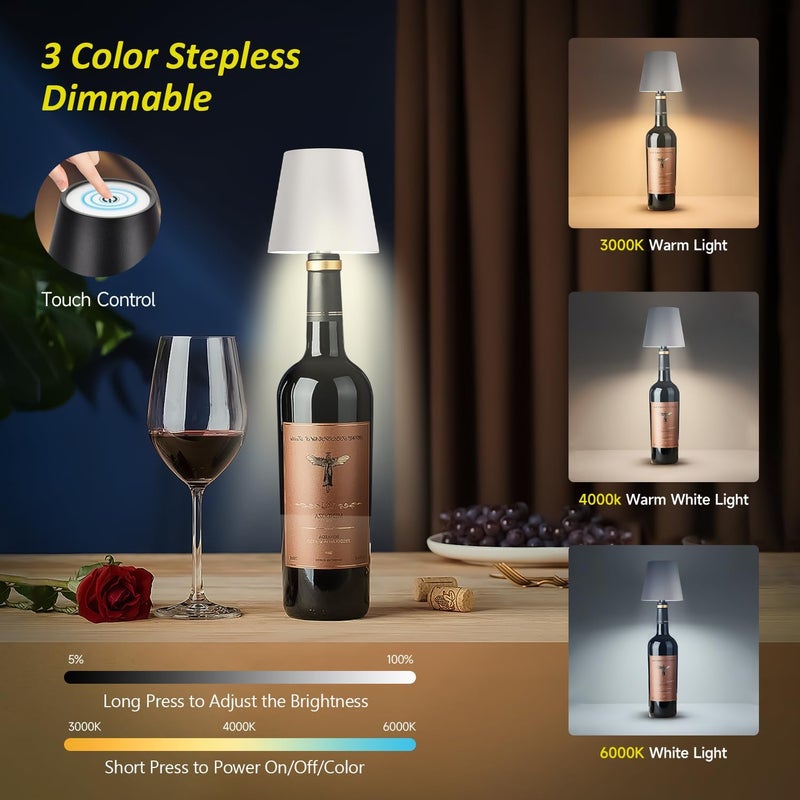 Hoide Store 2025 New Wireless Bottle Lamp - LED Bottle Lights for Liquor & Wine Bottles, Cordless Lampshade, Whiskey Bottle Top Light, Bottle Stopper Night Light Kit, Rechargeable 3-Tone Touch-Dimmable - Image 2